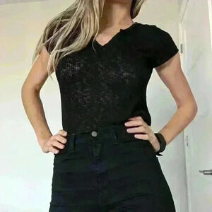 AntiStart, V-Neck, T-Shirt, Sheer  Top, Black, Size Small